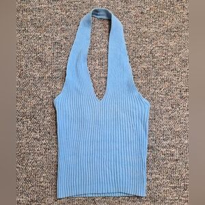 Benetton Light Blue Rib Knit Stretch Crop Halter Top S